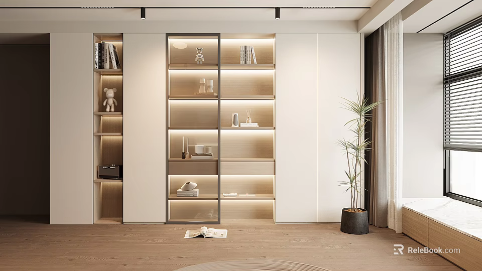 Modern Minimalist Bookcase With Glass Doors Built in Lighting And Decorative Shelving 3d model 
