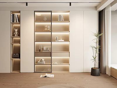 Modern Minimalist Bookcase With Glass Doors Built in Lighting And Decorative Shelving 3d model