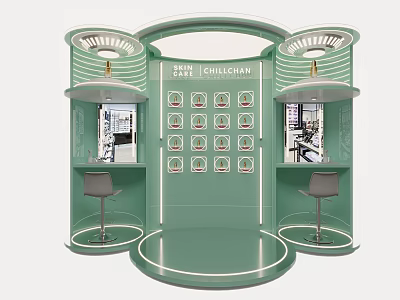 Light Green Beauty Hair Salon Booth With Display Shelves And Styling Chairs 3d model