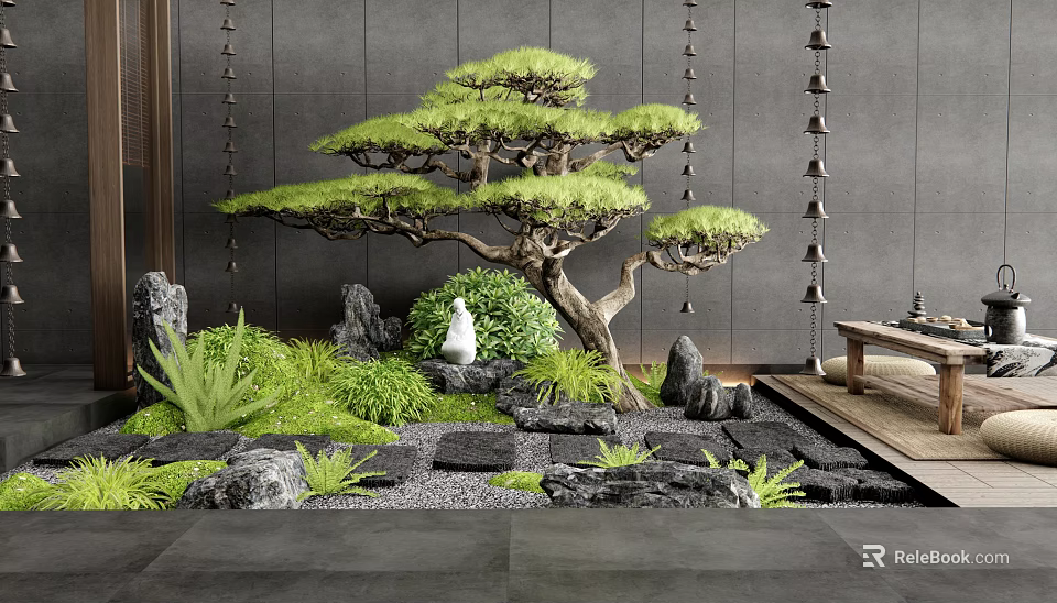 Indoor Landscape Design With Decorative Pine Tree Stone Arrangements Green Plants And Moss 3d model 
