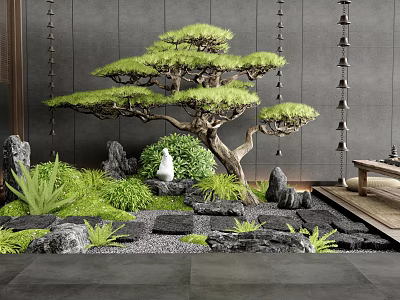 Indoor Landscape Design With Decorative Pine Tree Stone Arrangements Green Plants And Moss 3d model
