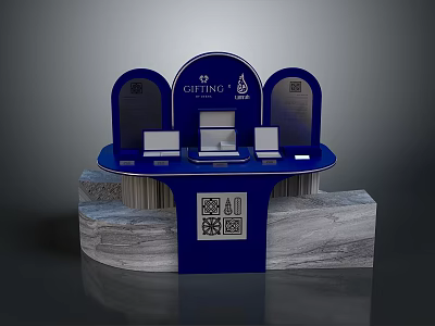 Blue BETINO Exhibition Booth With Screens Marble Base And Decorative Arches 3d model