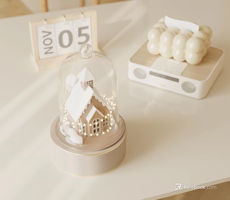 Tabletop Decorative Light With Glass Dome Small House Model And Fairy Lights 3d model 