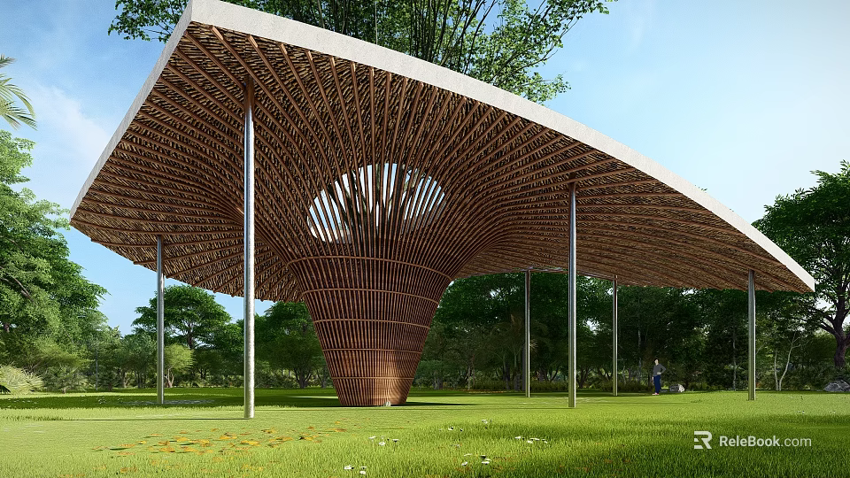Modern Wooden Pergola With Sloped Lattice Roof And Metal Columns In Green Park 3d model 
