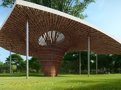 Modern Wooden Pergola With Sloped Lattice Roof And Metal Columns In Green Park 3d model