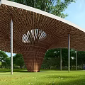 Modern Wooden Pergola With Sloped Lattice Roof And Metal Columns In Green Park