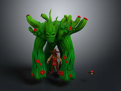 Adventurous Hat Wearing Character Standing Before Giant Green Cactus Creature With Red Flowers 3d model