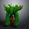 Adventurous Hat Wearing Character Standing Before Giant Green Cactus Creature With Red Flowers