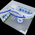 Modern Sunline Exhibition Booth with Digital Screens Product Display Reception Counter and Blue White Design
