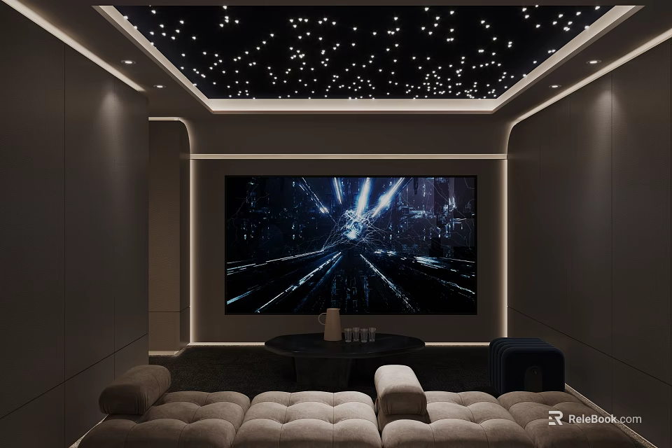 Modern Home Theater Interior With Starry Ceiling Large Screen And Sofas 3d model 