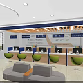 Modern Service Hall Interior With Service Counters Green Chairs Computers And Information Signs