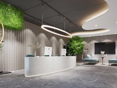 Modern Reception Interior With Curved Desk Green Wall Circular Lights And Comfortable Sofa 3d model