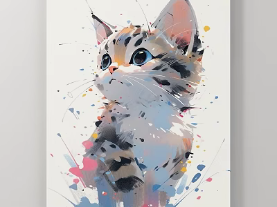 Animal Painting of a Kitten in Watercolor Style with Blue Eyes and Colorful Splatter Paint 3d model
