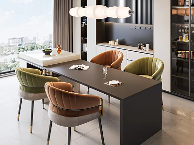 Modern Restaurant Interior With Black Dining Table Green Brown Velvet Chairs And White Pendant Light 3d model