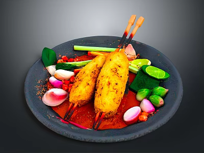 Fried Skewers With Fresh Vegetables Lime Slices And Spices On Dark Stone Plate 3d model