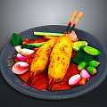 Fried Skewers With Fresh Vegetables Lime Slices And Spices On Dark Stone Plate