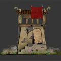 Cartoon Style Watchtower With Red Flag Wooden Roof Stones Staircase And Grass