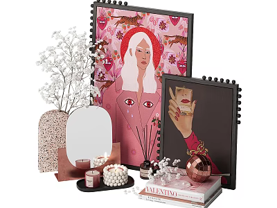 Stylish Decorative Ornament Set With Framed Art Mirror Vase Dried Flowers Candles And Books 3d model