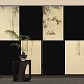 Modern Bamboo Pattern Room Divider with Black Frame Beige Panels and Small Table Plant 3d model