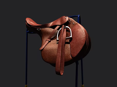 Brown Leather Saddle for Equestrian Sports on Blue Metal Stand 3d model