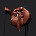 Brown Leather Saddle for Equestrian Sports on Blue Metal Stand