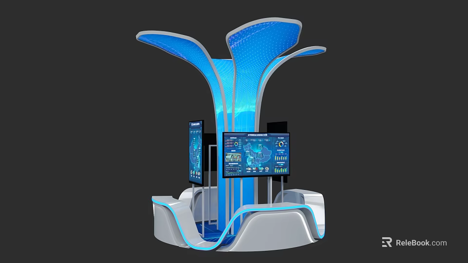 Modern Hi Tech Exhibition Island With Petal Shaped Top And Digital Data Screens 3d model 
