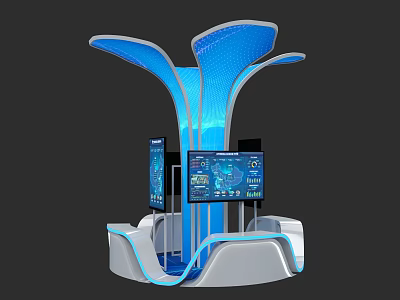 Modern Hi Tech Exhibition Island With Petal Shaped Top And Digital Data Screens 3d model