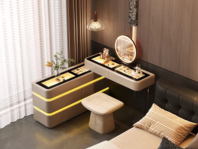 Modern Dressing Table With Illuminated Countertop Mirror Stool And Potted Plant 3d model
