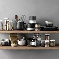 Kitchen Utensils Organized on Wooden Shelves with Black Jug Glass Jars Spices Mortar and Bowls