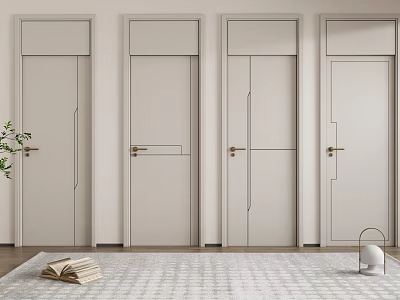 Four Sleek Light Gray Hinged Doors With Green Plant Books And Lamp 3d model