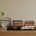 Tabletop Decorative Accessories Set with Potted Plant Radio Stacked Books Open Book and Glass
