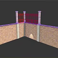 Brown Brick Wall Corner Structure With Decorative Iron Railing And Stone Pillars 3d model