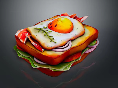 Delicious Sandwich with Fried Egg Fresh Tomato Red Onion and Crisp Lettuce on Toasted Bread 3d model