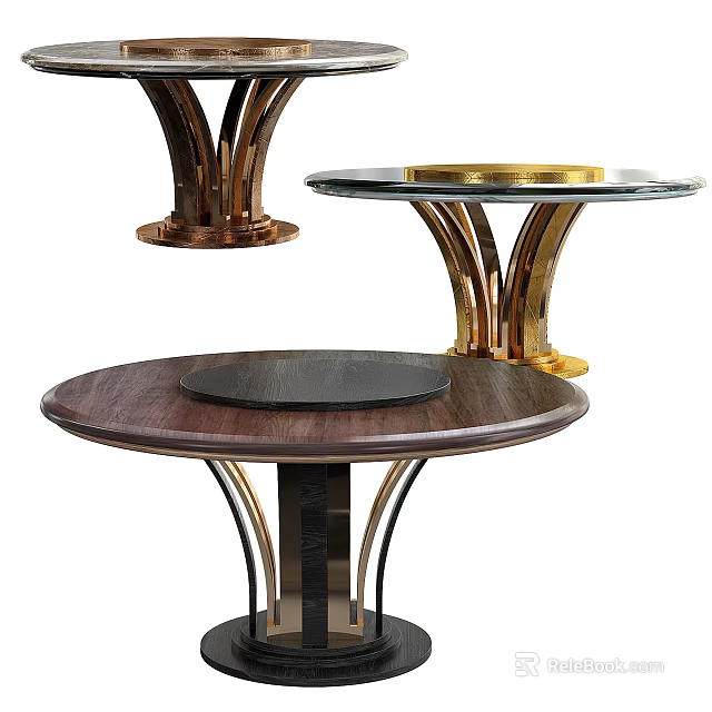 Stylish Modern Dining Tables With Curved Metal Bases And Wooden Glass Tops Design 3d model 