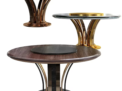 Stylish Modern Dining Tables With Curved Metal Bases And Wooden Glass Tops Design 3d model