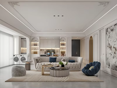 Elegant Light Luxury Living and Dining Room with Sofa Coffee Table Dining Set and Wall Art 3d model