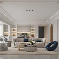 Elegant Light Luxury Living and Dining Room with Sofa Coffee Table Dining Set and Wall Art