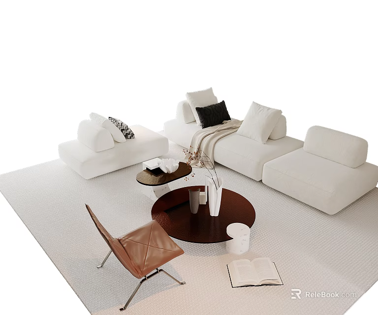 Modern White Sectional Sofa and Coffee Table Set With Round Table Pillows and Light Carpet 3d model