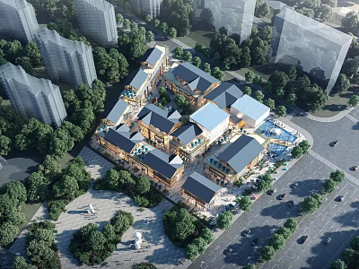 Commercial Street with Traditional and Modern Architecture Greenery Surrounding High Rise Buildings and Open Plaza 3d model