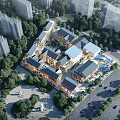 Commercial Street with Traditional and Modern Architecture Greenery Surrounding High Rise Buildings and Open Plaza
