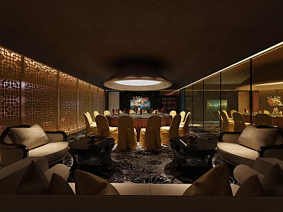 Luxurious Private Room Interior Design With Plush Sofas Dining Table And Ambient Lighting 3d model