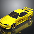 Shiny Yellow Two Door Sports Car with Rear Spoiler Golden Wheels and Stylish Decals