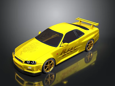 Shiny Yellow Two Door Sports Car with Rear Spoiler Golden Wheels and Stylish Decals 3d model
