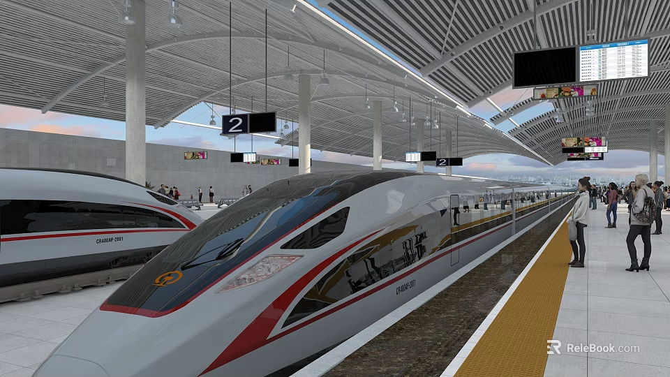 Modern High Speed Train Station Platform With High Speed Train Display Screens and Roof Structure 3d model 