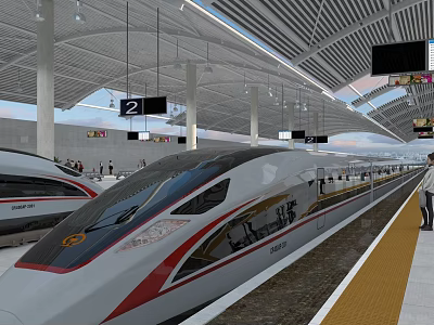 Modern High Speed Train Station Platform With High Speed Train Display Screens and Roof Structure 3d model