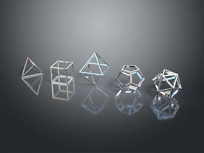 Transparent Glass Geometric Decorative Ornament Set With Various Shapes And Black Background Reflections 3d model