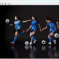Women Soccer Players in Blue Jerseys Performing Dynamic Football Moves with Balls