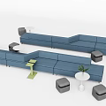 Blue Modular Sofa Set With Grey Stools White Tables And Potted Plant 3d model