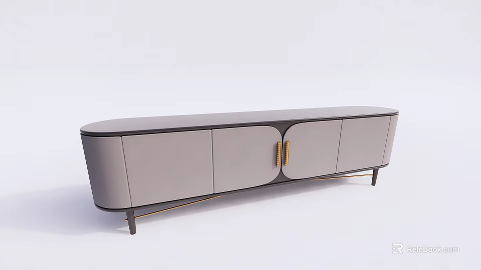 Modern Gray TV Cabinet With Sleek Design Gold Accents And Black Legs 3d model 