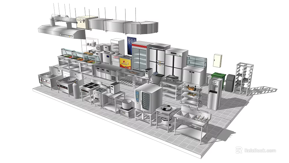 Commercial Kitchen Setup With Various Stainless Steel Kitchen Appliances And Equipment 3d model 